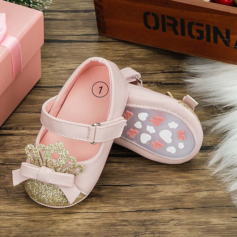 0-18M nowonarodzone dziewczynki buty niemowlę maluch cekinowa korona Bling księżniczka antypoślizgowa gumowy spód miękka podeszwa płaska pierwszy chodziki