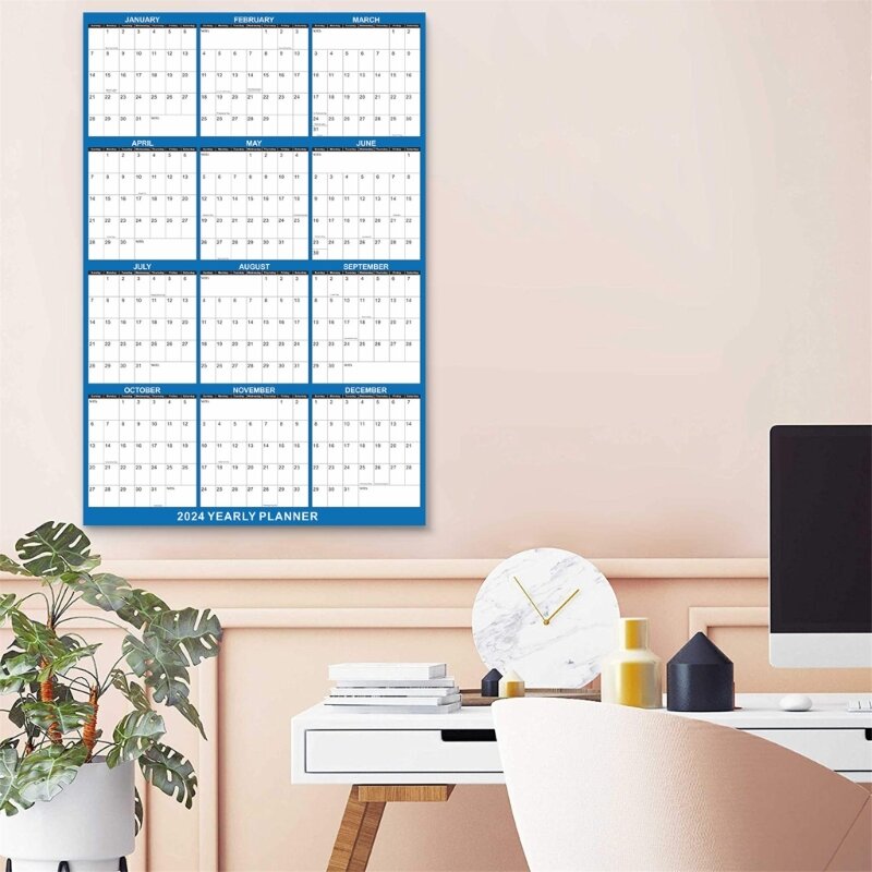Ежегодный годовой планировщик на 12 месяцев на 2024 год. Настенный календарь для проекта школьного домашнего офиса.
