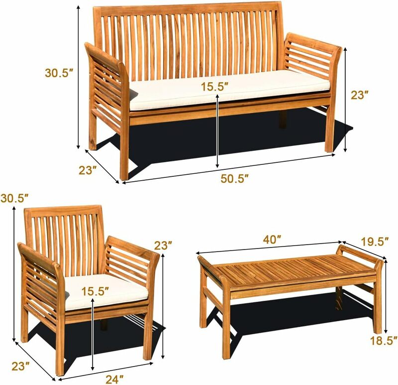 4/8pc Outdoor Acacia Wood Sofa Set w/ Water Resistant Cushions, Padded Patio Conversation Table Chair Set w/ Coffee Table