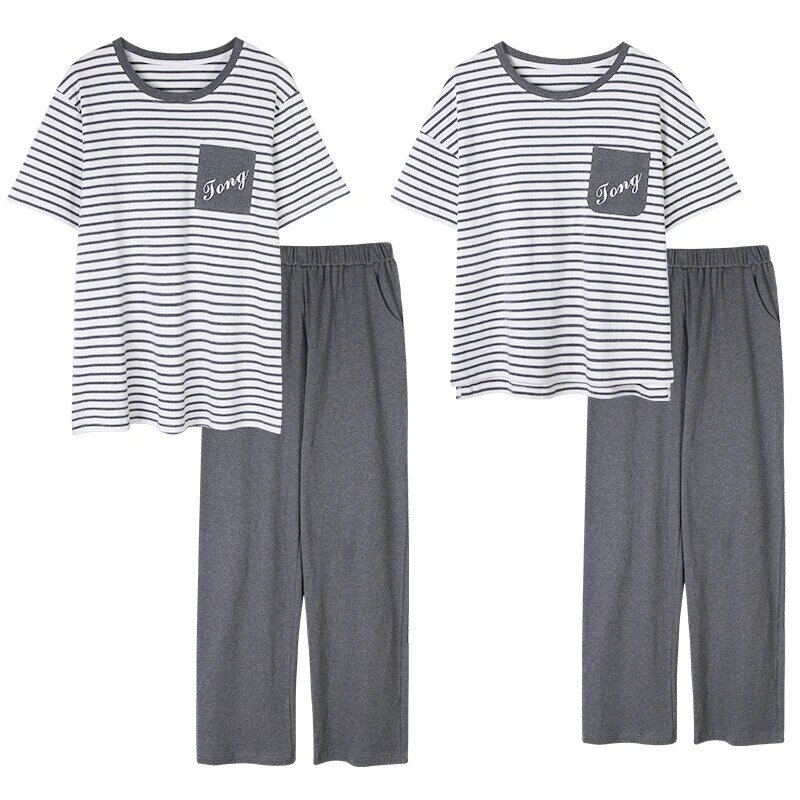 Couple pajamas striped women's summer pure cotton short sleeved set men's large all cotton thin home clothing all cotton