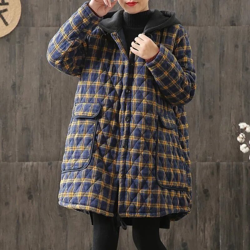 Loose Cotton-Padded Women's Winter Medium Long Fat Sister Coat Retro Thick Plaid Warm Cotton-Padded Jacket 100 KG To Wear