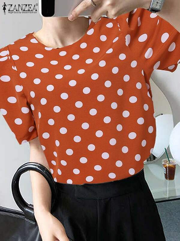 Рубашка ZANZEA Женская в горошек, праздничная блузка с круглым вырезом, модный Свободный Топ оверсайз с короткими рукавами-фонариками, лето 2023