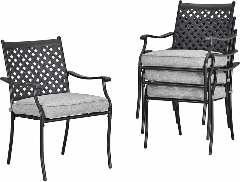 LOKATSE HOME-Ensemble de chaises de salle à manger en fer forgé avec accoudoirs et coussins de siège, gris, extérieur, 4 pièces