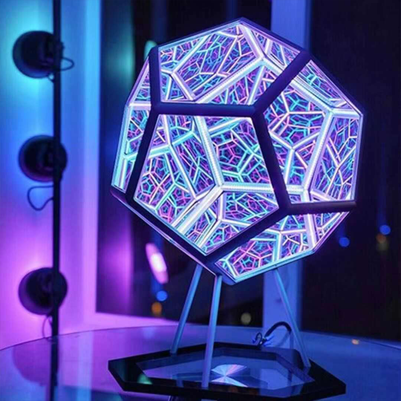 โคมไฟกระจกไฟกลางคืนศิลปะแบบ3มิติ LED ที่สร้างสรรค์ lnfinity โคมไฟตั้งโต๊ะรูปทรงเรขาคณิต dodecahedron ของตกแต่ง kado ulang tahun แสงท้องฟ้าเต็มไปด้วยดวงดาว