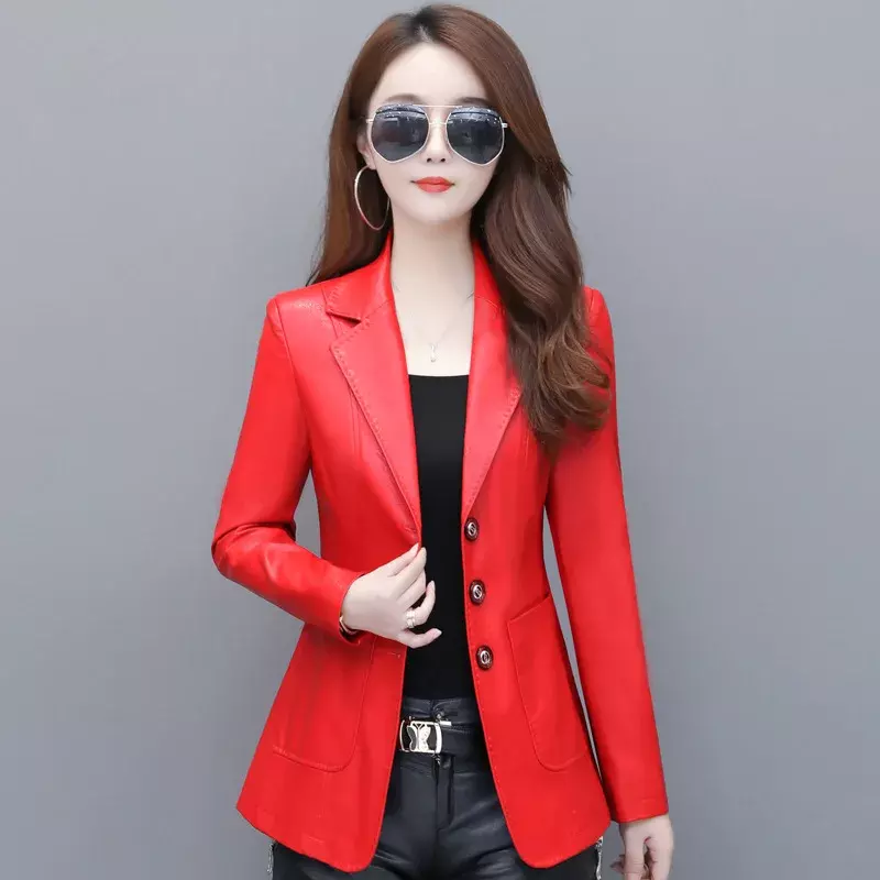 Jaqueta de couro feminino de peito único, blazer curto, casacos finos, jaquetas de couro versáteis, moda coreana
