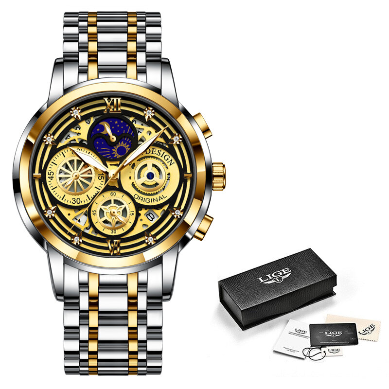 LIGE 2022ใหม่แฟชั่นผู้ชายนาฬิกาปฏิทินสแตนเลสสตีลยี่ห้อกีฬา Chronograph นาฬิกาควอตซ์นาฬิกา Relogio Masculino + กล่อง