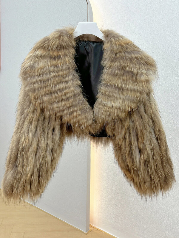 Abrigo corto de piel de mapache Real para mujer, chaqueta de piel Natural esponjosa de lujo, ropa de abrigo cálida suelta, moda de invierno