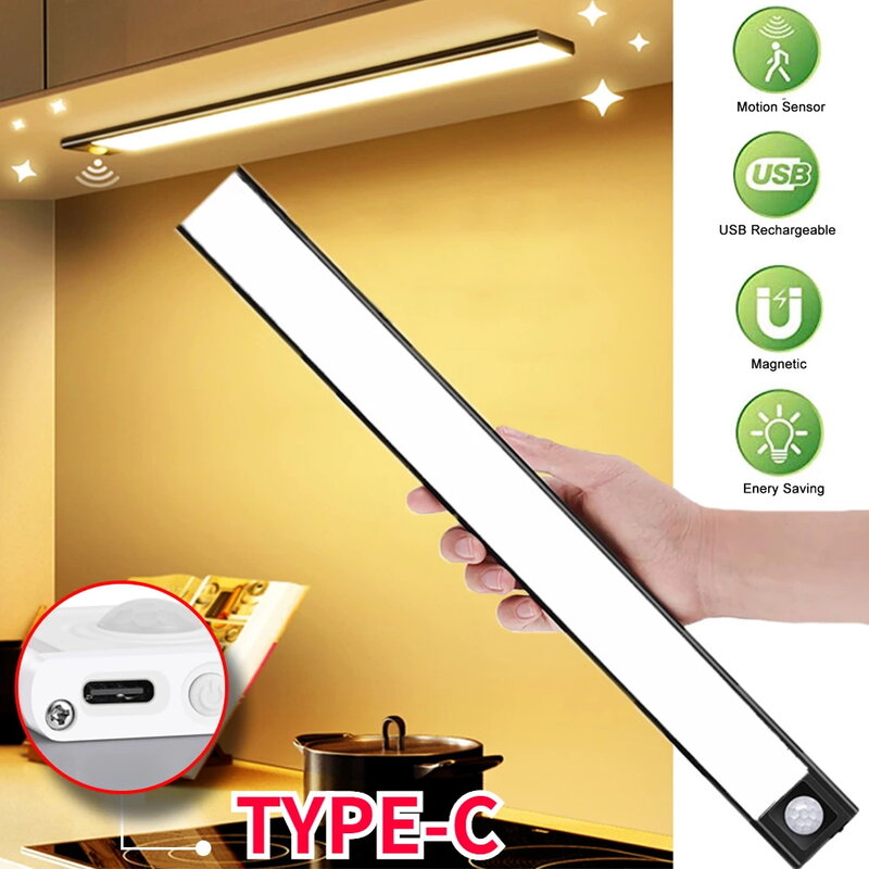 Sensor de movimento sem fio LED Night Light, lâmpada do armário, armário, armário, cozinha, quarto, USB, 20 cm, 30 cm, 40 cm, 60cm