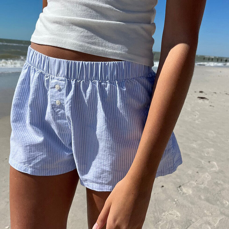 Nowe damskie szorty w stylu Vintage Y2K Retro z guzikami z przodu, na co dzień, elastyczne, w kratę z niskim stanem/prążkowane krótkie spodnie