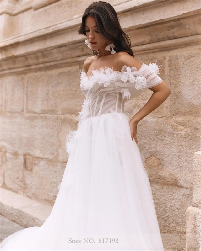 Vestido de novia sin hombros con detalles de flores de tul, escote Corazón, corte en A, ilusión de corte, vestidos de novia