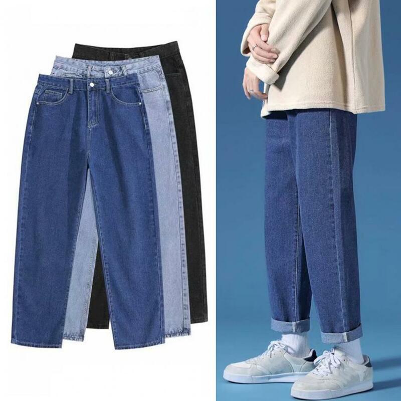 Men Long Drop Crotch Pants Casual Men Jeans Streetwear Men's Wide Leg Denim Pants with Zipper Fly Pockets Casual Loose Fit for A