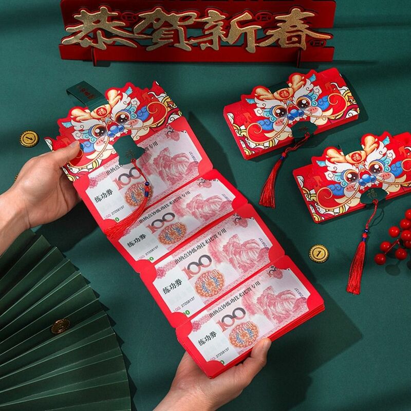 Cartoon Folding Red Envelope Thickening With Tassels Dragon Year Red Pocket Pull-out Type Awakening Lion