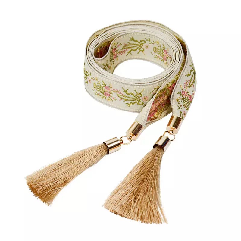 Sabuk kain rajut bunga halus panjang Retro untuk wanita tali pinggang Pom Pom perempuan untuk gaun tali Femme Wanita