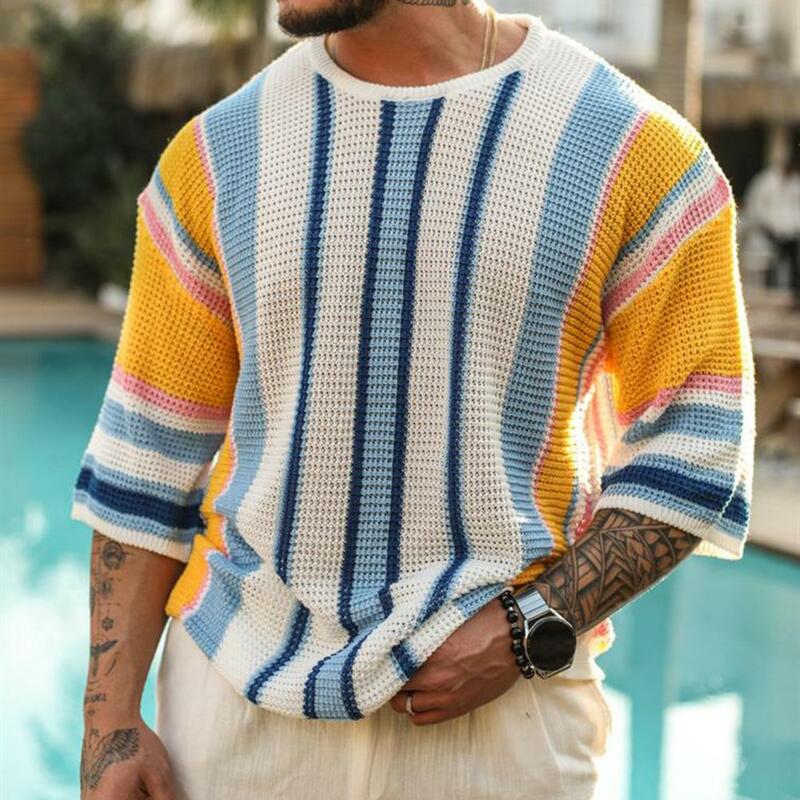 Suéter con estampado a rayas para hombre, Jersey de punto con cuello redondo, Media manga, holgado, para verano, otoño y primavera