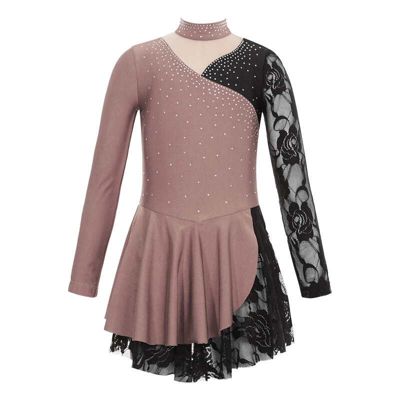 Teen Girls Figure Ice Skating Ballet Rhythmic Gymnastics Lyrical Dance Costume Long Sleeve Shiny Rhinestone Lace Leotard Dress