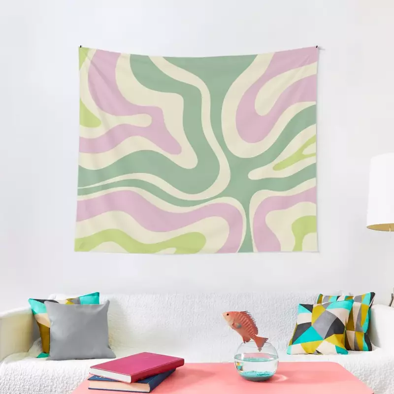 Retro moderno líquido redemoinho tapeçaria, cogumelo tapeçaria, mural de parede, abstrato em pastel macio, lavanda, rosa, limão, creme verde