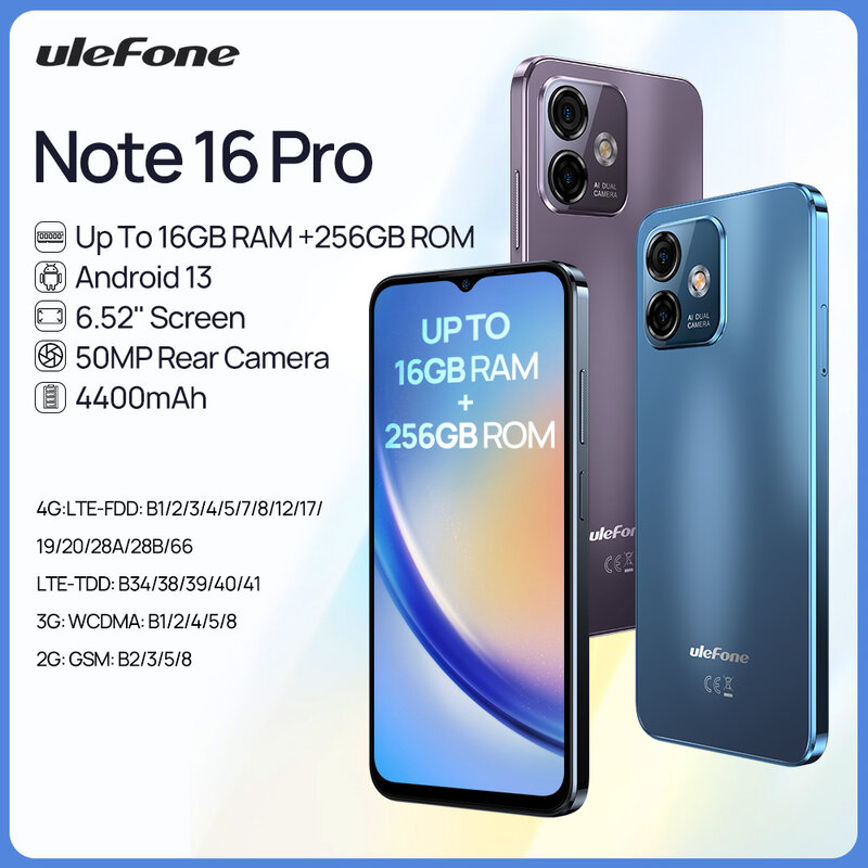 Ulefone-Nota 16 Pro Smartphone, 256GB ROM, andróide 13, 50MP, 6,52 ", 4400mAh, GPS, 4G Celular, Versão Global