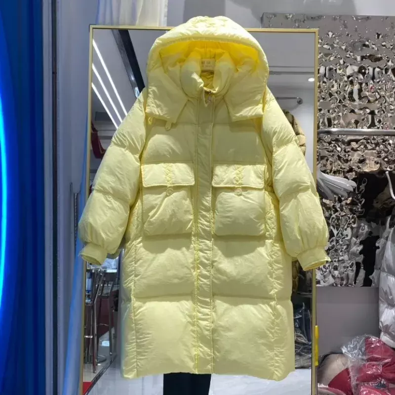 Jaket Down wanita, mantel serbaguna bertudung hangat tebal longgar parka versi panjang sedang musim dingin 2024