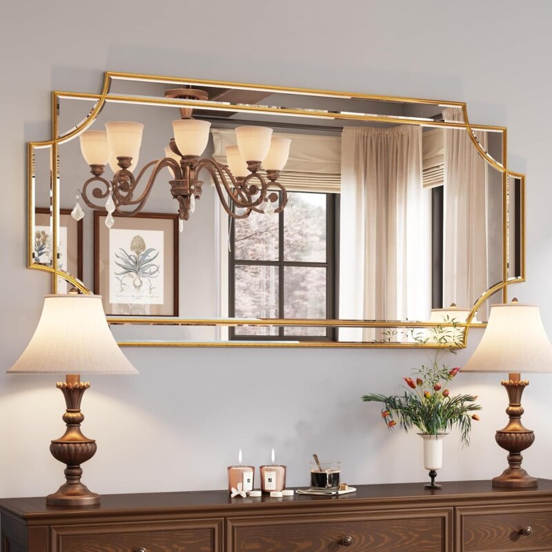 Kelly Miller-grande espelho do ouro para a parede, arte tradicional, comprimento chanfrado decorativo, completo H, 24 "x 48"