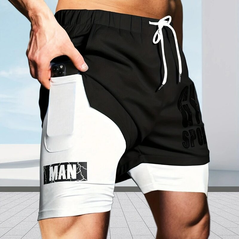 Pantalones cortos deportivos 2 en 1 para hombre, Shorts de secado rápido con cordón, estampado, informal, Fitness, correr, Verano