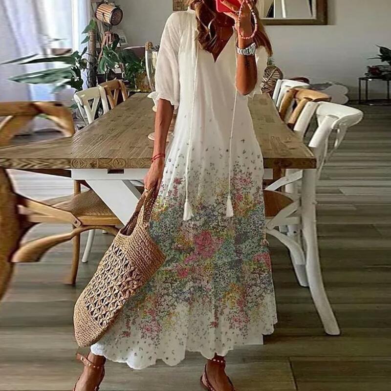 Women Loose Fit Dress Floral Print A-line Maxi Dress with Tassel Detailing V Neckline Women's Vacation Beachwear for Summer