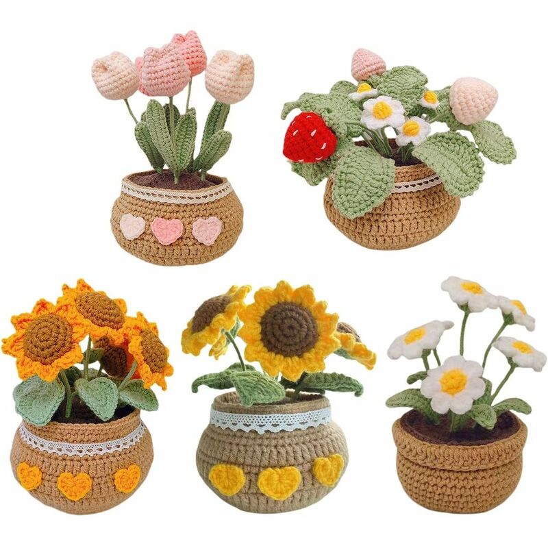 Crochet Tulip Flower Knitting Kit, Fio multicolorido, Kits De Malha, Tulip Flowerpot