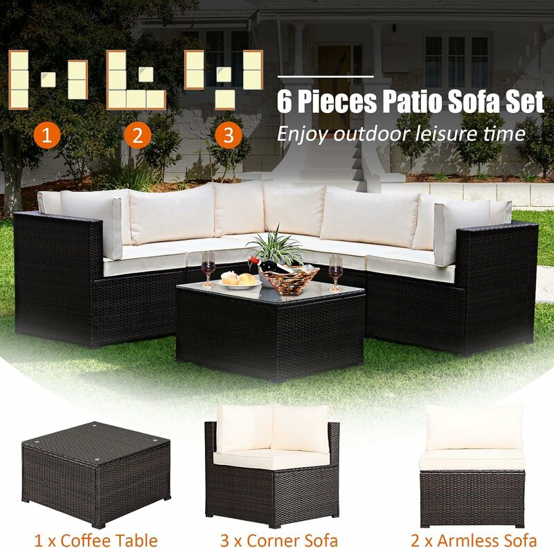 6-teiliges Terrassenmöbel-Set, Rattan-Sofa garnitur im Freien, Korbset mit Couch tisch und Kissen aus gehärtetem Glas, Sofa garnitur