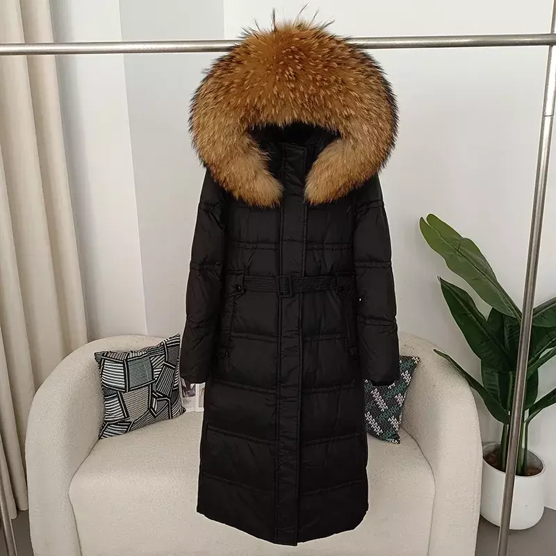 FURYOURSELF 2023 New Long Winter Jacket Women Real Raccoon Fox Fur Collar Natural Warm Duck Down Coat Belt Outerwear Streetwear