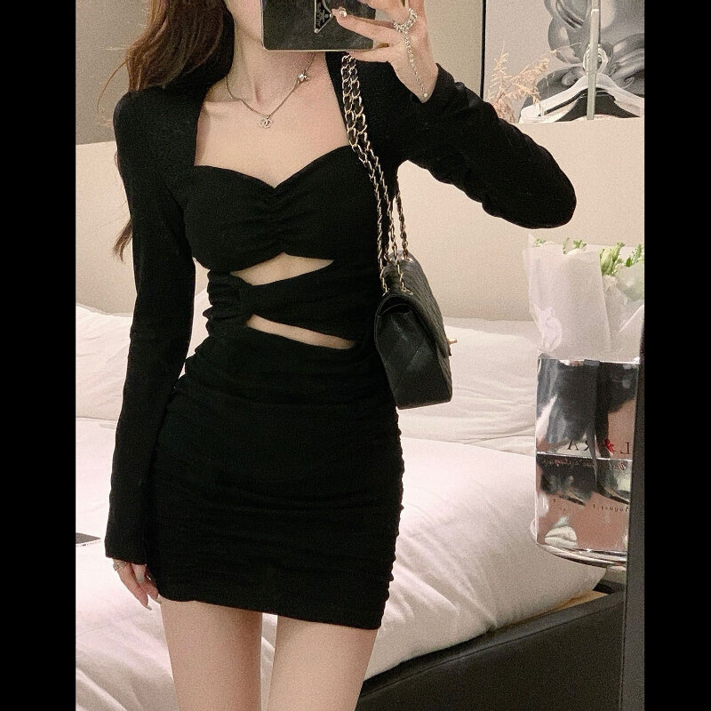 HOUZHOU Sexy Bodycone donna abiti nero Mini manica lunga abito da festa corto collo quadrato Slim Vintage Casual Y2k elegante coreano