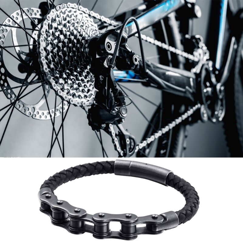 Bicycles Mechanical Chain Bracelet Black Handwoven Leather Bracelet Single Layer Cuff-link Bracelet Jewelry Gift for Men