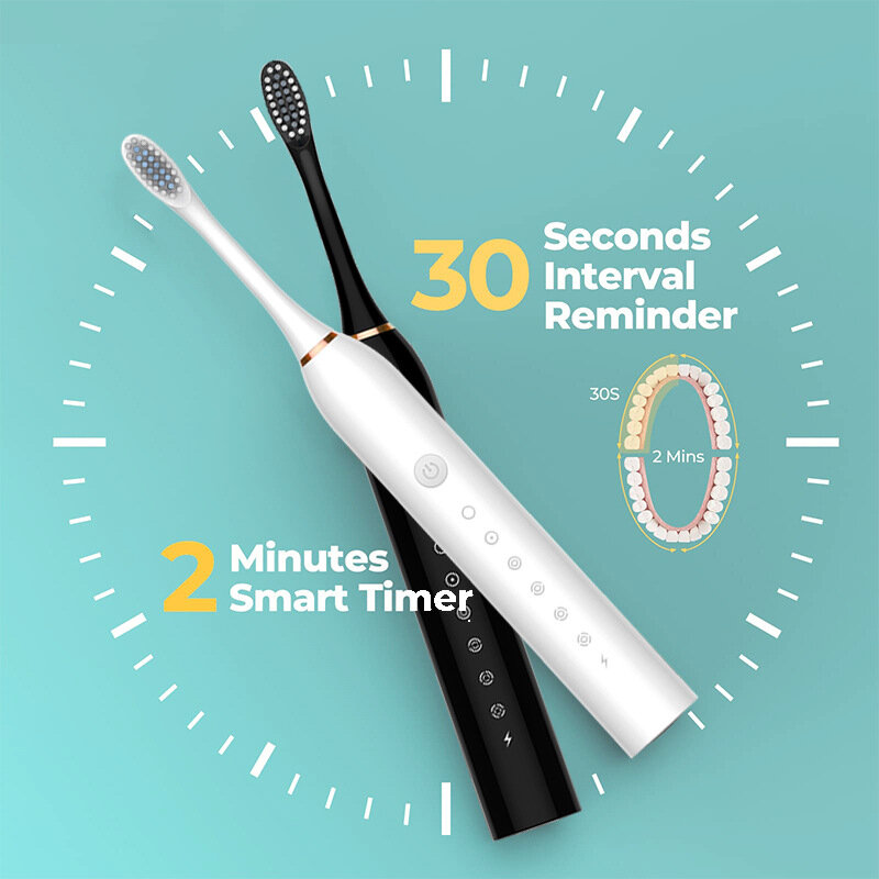 Escova de dentes elétrica automática ultrassônica, USB recarregável, impermeável, cabeça substituível da escova do dente, J189, IPX7