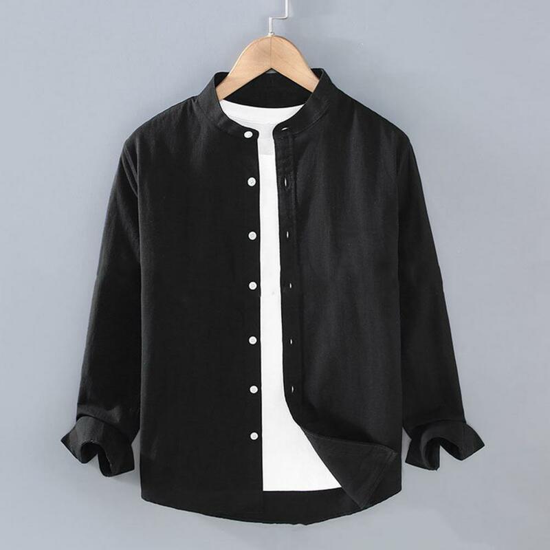Camisa de lino y algodón con cuello levantado para hombre, cárdigan de manga larga con botones de un solo pecho, Tops, camisa de negocios de Color sólido