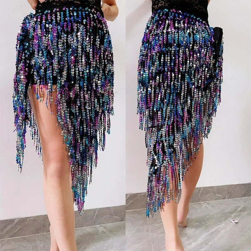 Belly Dance Fringe Sequins Hip Scarf Belt Bellydance Skirt Long Costumes Women Tassel Rave Outfit Festival Show Clothing Sexy