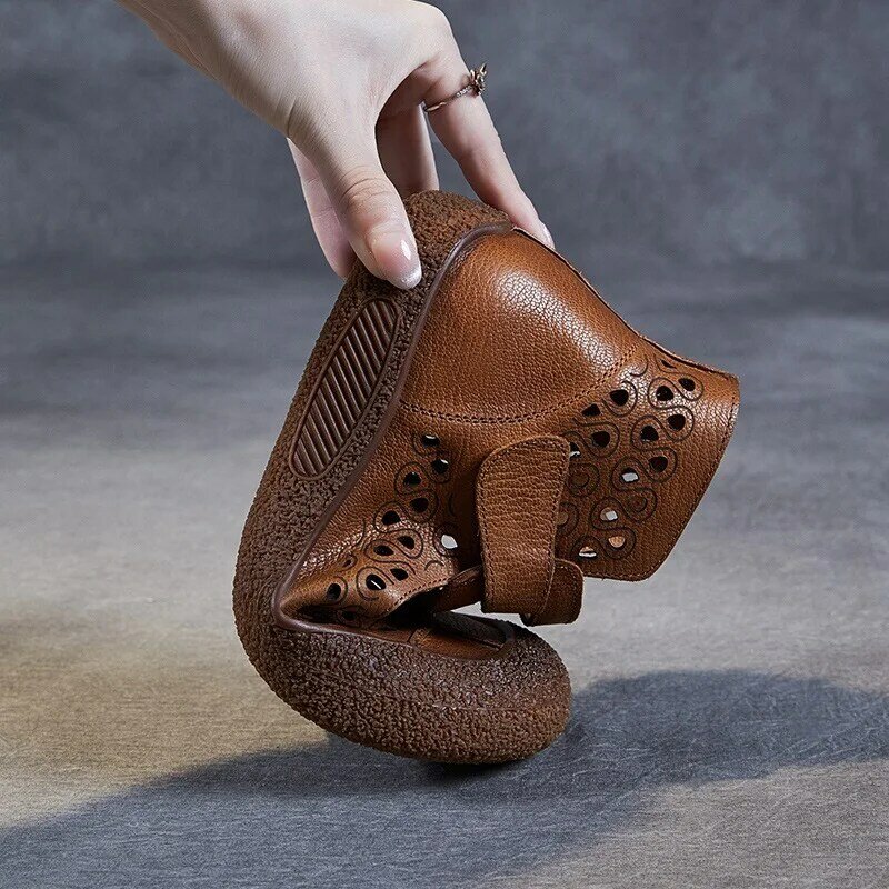 DRKANOL 2024 роскошный дизайн Летняя обувь в литературном стиле натуральная кожа круглый носок Полые дышащие плоские ботильоны для женщин