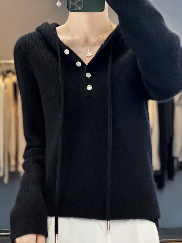 Женский свитер с капюшоном из 100% мериносовой шерсти, с длинным рукавом