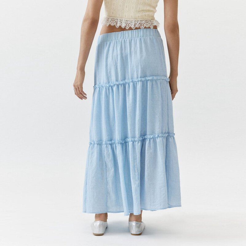 Długie spódnice damskie w stylu Vintage z elastyczną talią z falbanką spódnice trapezowe na co dzień w jednolitym kolorze spódnice Midi moda uliczna