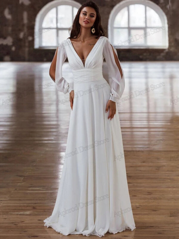 Moderne Brautkleider einfache Brautkleider lange Puff ärmel boden lange Roben für formelle Party rücken freie Vestidos de Novia 2024