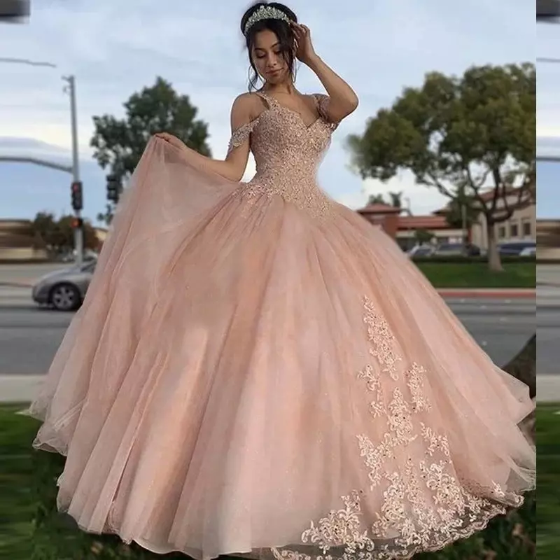 Blush Pink Tulle Ball Gown Quinceanera Dresses Meninas De 15 Anos Porno Appliques Ballkleid Vestidos De Debutante