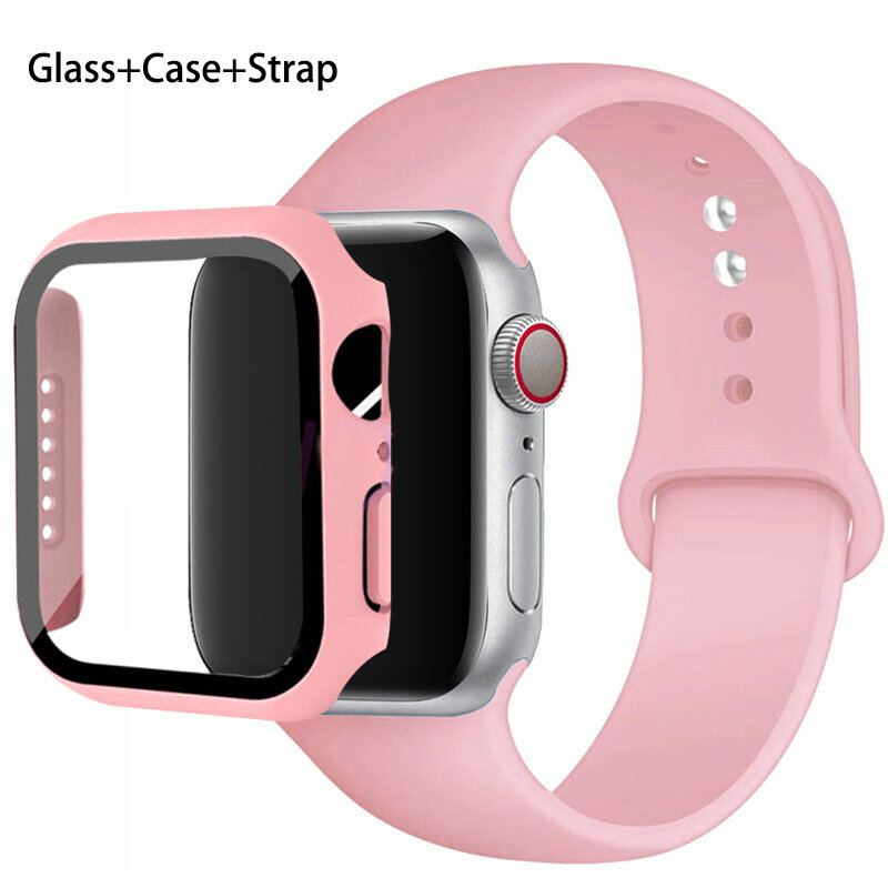 Caixa de vidro e pulseira para Apple Watch, pulseira de silicone, pulseira para iWatch Series 8, 9, 7, 6, 5, 4, 3, SE, 44mm, 40mm, 45mm, 41 milímetros, 38 milímetros, 42 milímetros