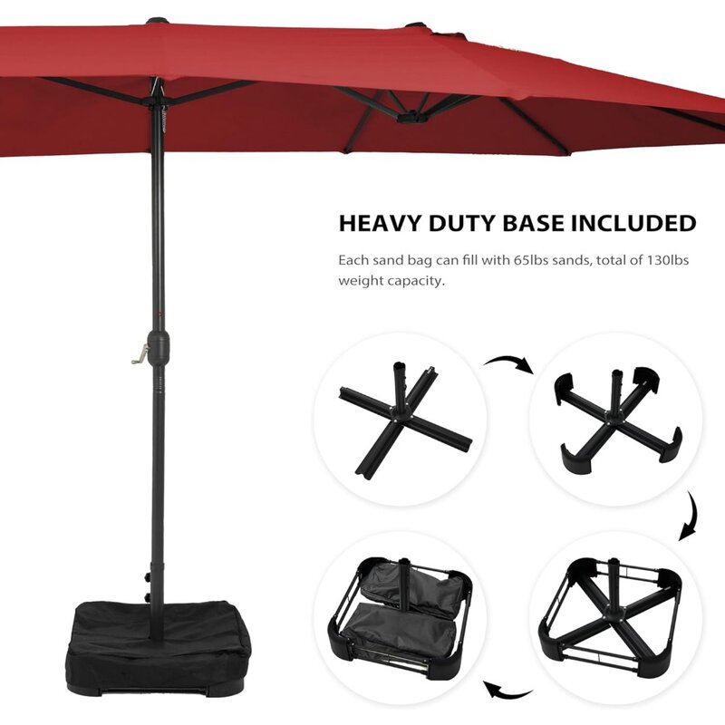 Grand parapluie double face avec base incluse, parapluie extérieur, jardin en bord de piscine, 15 pieds