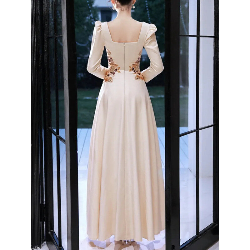 Elegant Square Collar Slim Waist Appliques Wedding Party Solid Temperament Long Sleeve Prom New Dress Evening Robe