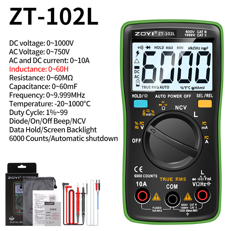 ZOYI nuovo Multimetro digitale ZT102L 6000 conteggi retroilluminazione della gamma automatica amperometro AC/DC Volt Ohm Tester misuratore portatile Multimetro