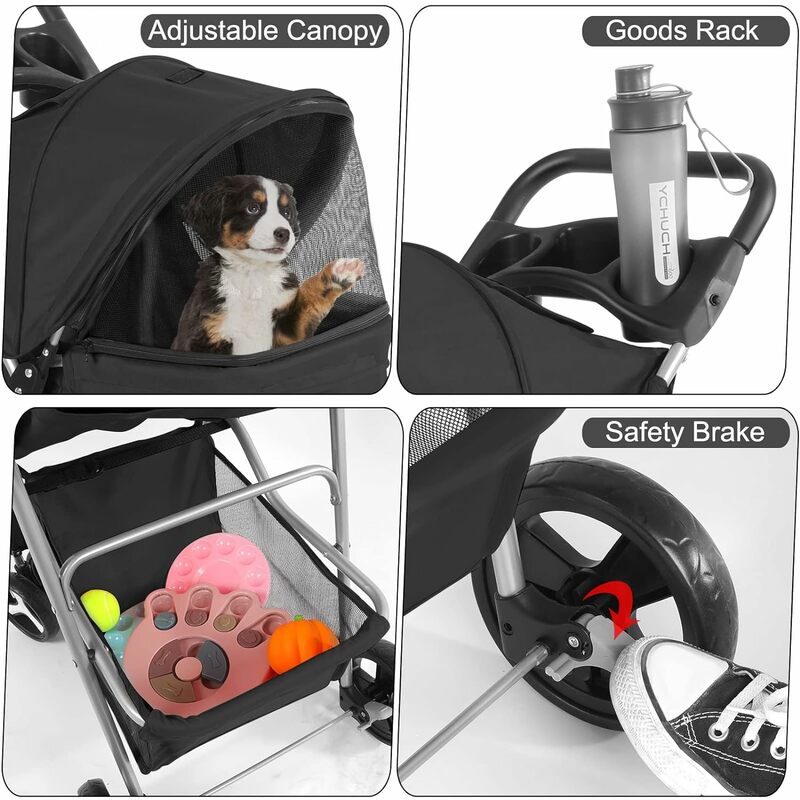 Складная коляска для кошек и собак, 4 колеса, корзина для хранения, ручка, переднее колесо 360 °, заднее колесо с тормозом для маленьких и средних собак