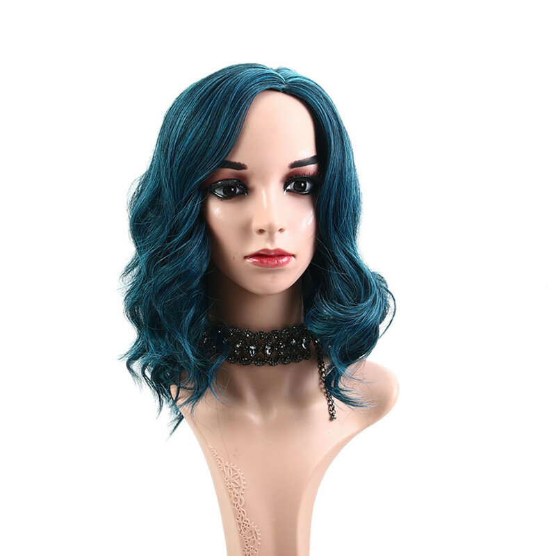 Peruki z kręconymi włosami typu Cosplay dla kobiet krótka niebieska przedziałek z boku wysokotemperaturowe włókno jedwabne peruki syntetyczne codzienna naturalne kręcone włosy peruka