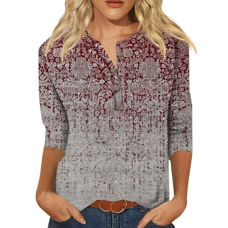 Camiseta feminina com botão decote em v, blusa mangas 3/4, camisa delicada estampada com plantas, pulôver de algodão, moda verão