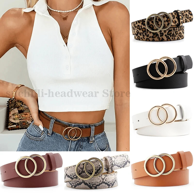 Cinture a doppio anello per donna cintura in vita leopardata moda per ragazze cintura in metallo con fibbia a cuore cintura per il tempo libero Jeans con cintura selvaggia