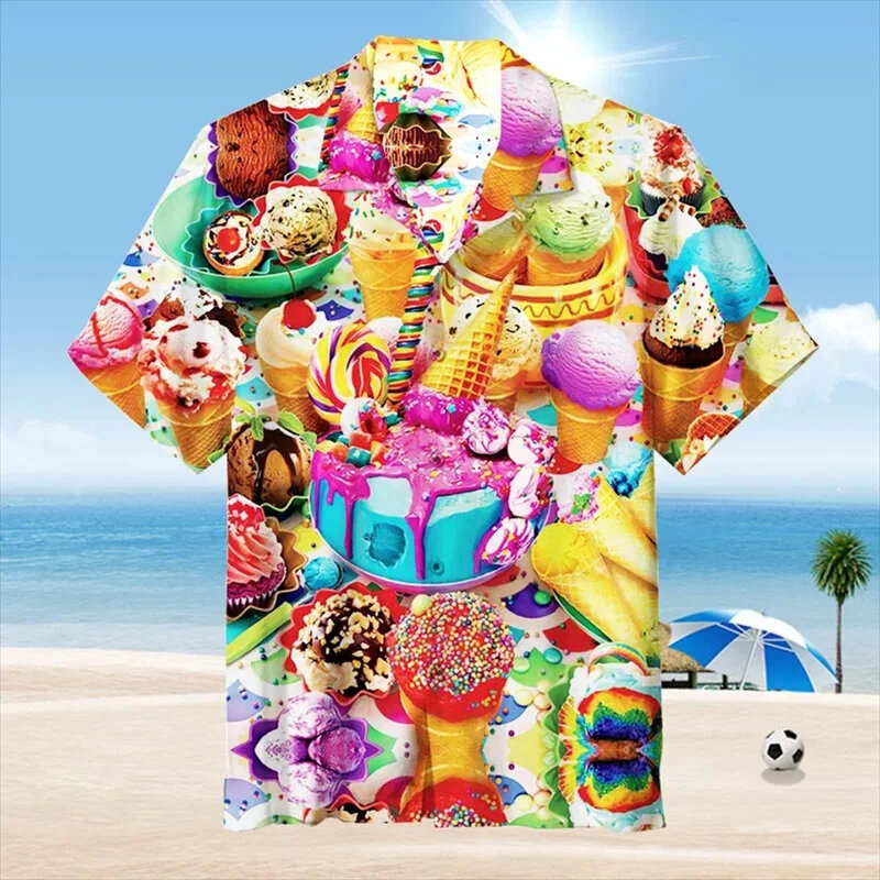 여성용 반팔 라펠 블라우스, 아이스크림 셔츠, 해변 파티 상의, 3D 프린트, 트렌디하고 멋진 패션, 새로운 디자인