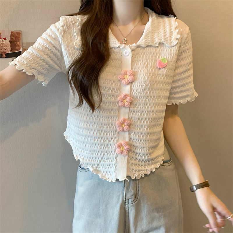 Blusa con botones de flores para mujer, camiseta plisada fina con cuello de Polo, ropa Vintage informal dulce Y2K, estilo universitario de verano