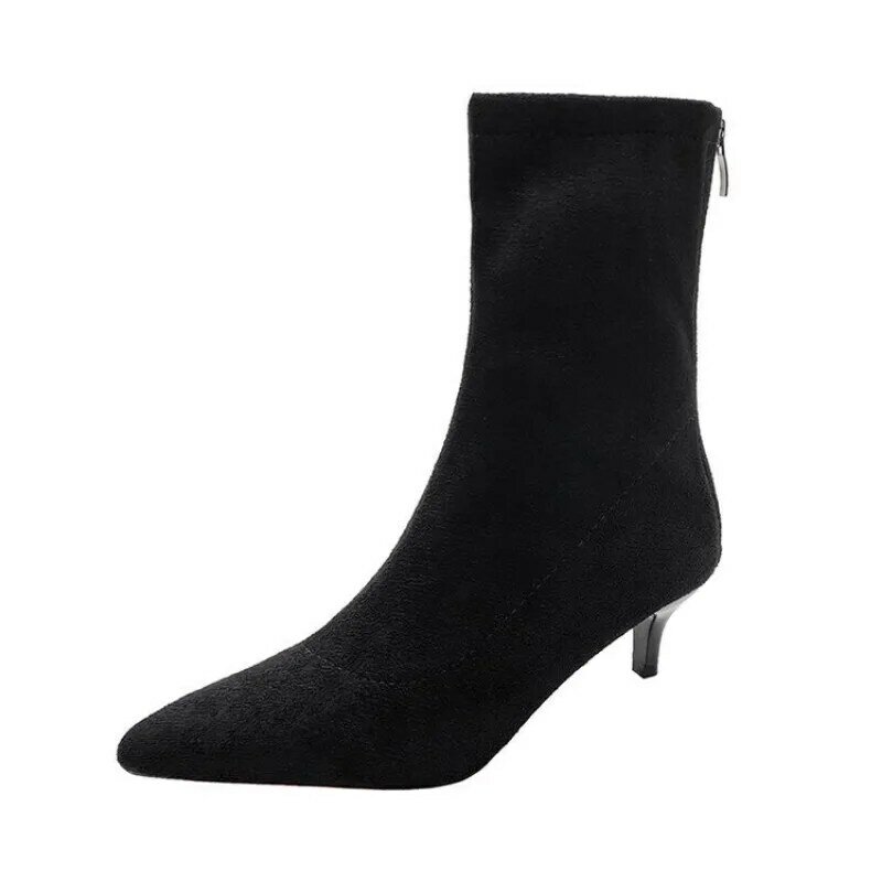 Bota elástica de tricô para mulheres, bota de feltro de salto alto, sapatos de meias pretas elegantes, 2024