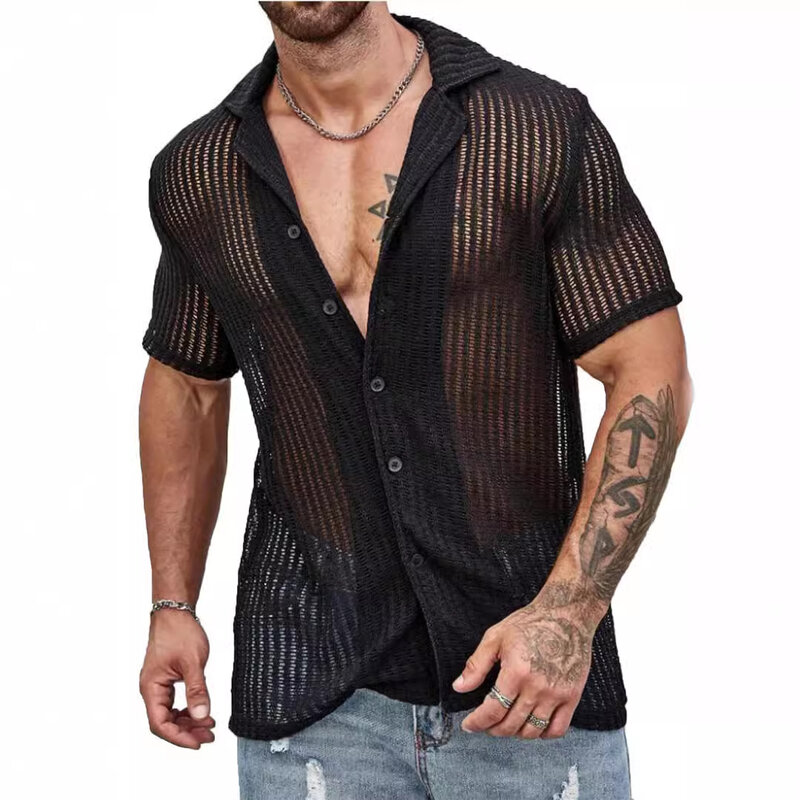 Streetwear Fashion maglieria camicia da uomo Sexy See Through Knit top uomo estate Casual bottone risvolto manica corta scava fuori camicia